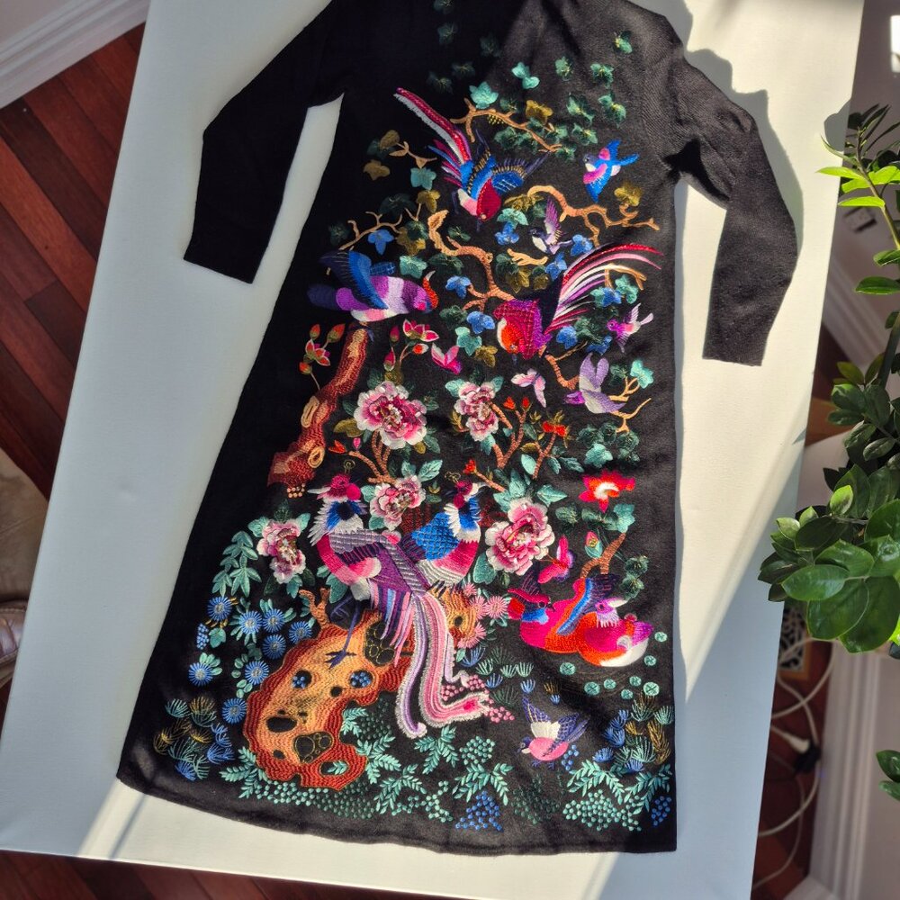 Embroidered wool dress-Wearable Art-Floral Woodland Embroidery - Picture 3 of 11